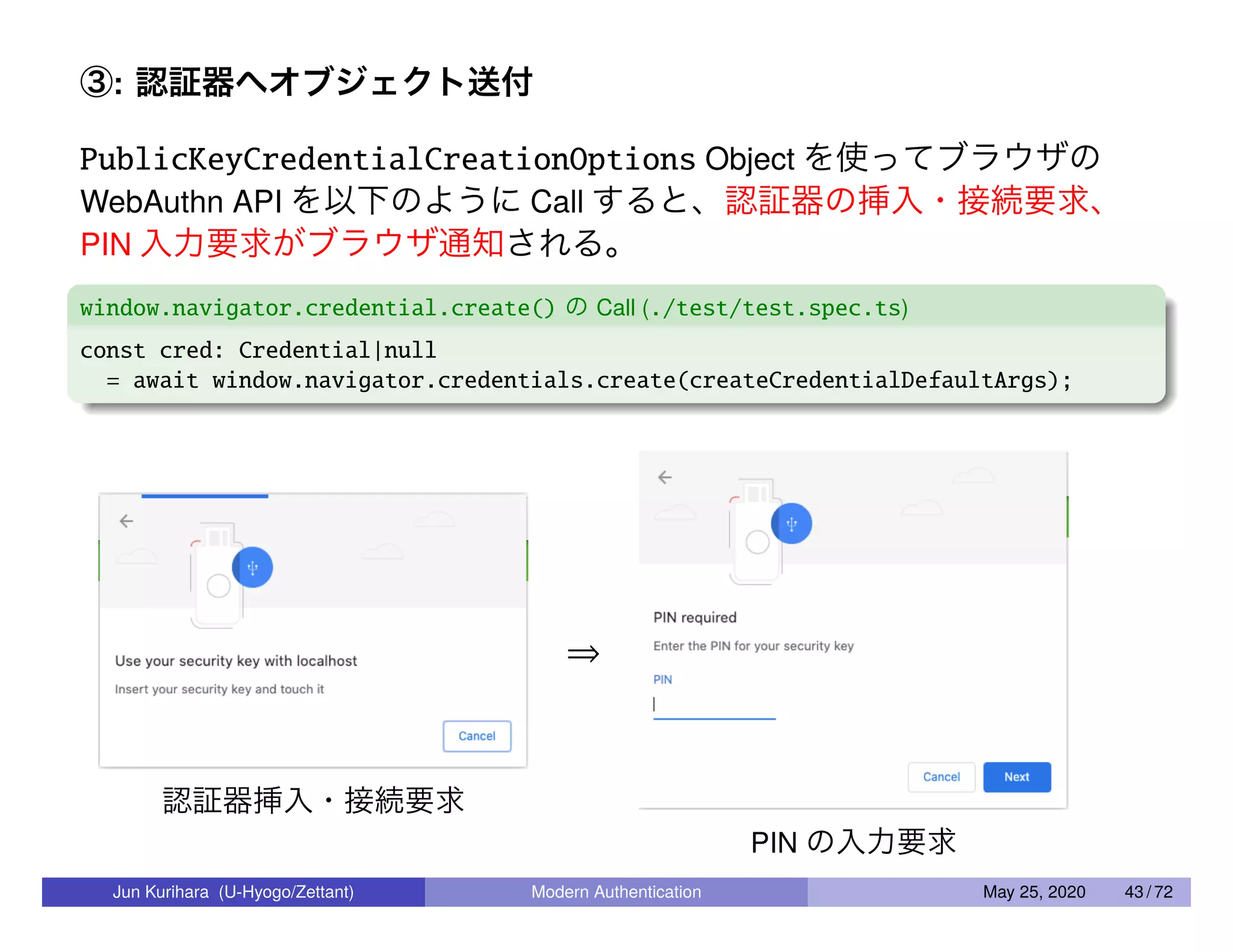 ③: 認証器へオブジェクト送付 PublicKeyCredentialCreationOptions Object を使ってブラウザの WebAuthn API を以下のように Call すると、認証器の挿入・接続要求、 PIN 入力要求がブラウザ通知される。 window.navigator.credential.create() の Call (./test/test.spec.ts) const cred: Credential|null = await window.navigator.credentials.create(createCredentialDefaultArgs); 認証器挿入・接続要求 ⇒ PIN の入力要求 Jun Kurihara (U-Hyogo/Zettant) Modern Authentication May 25, 2020 43 / 72 