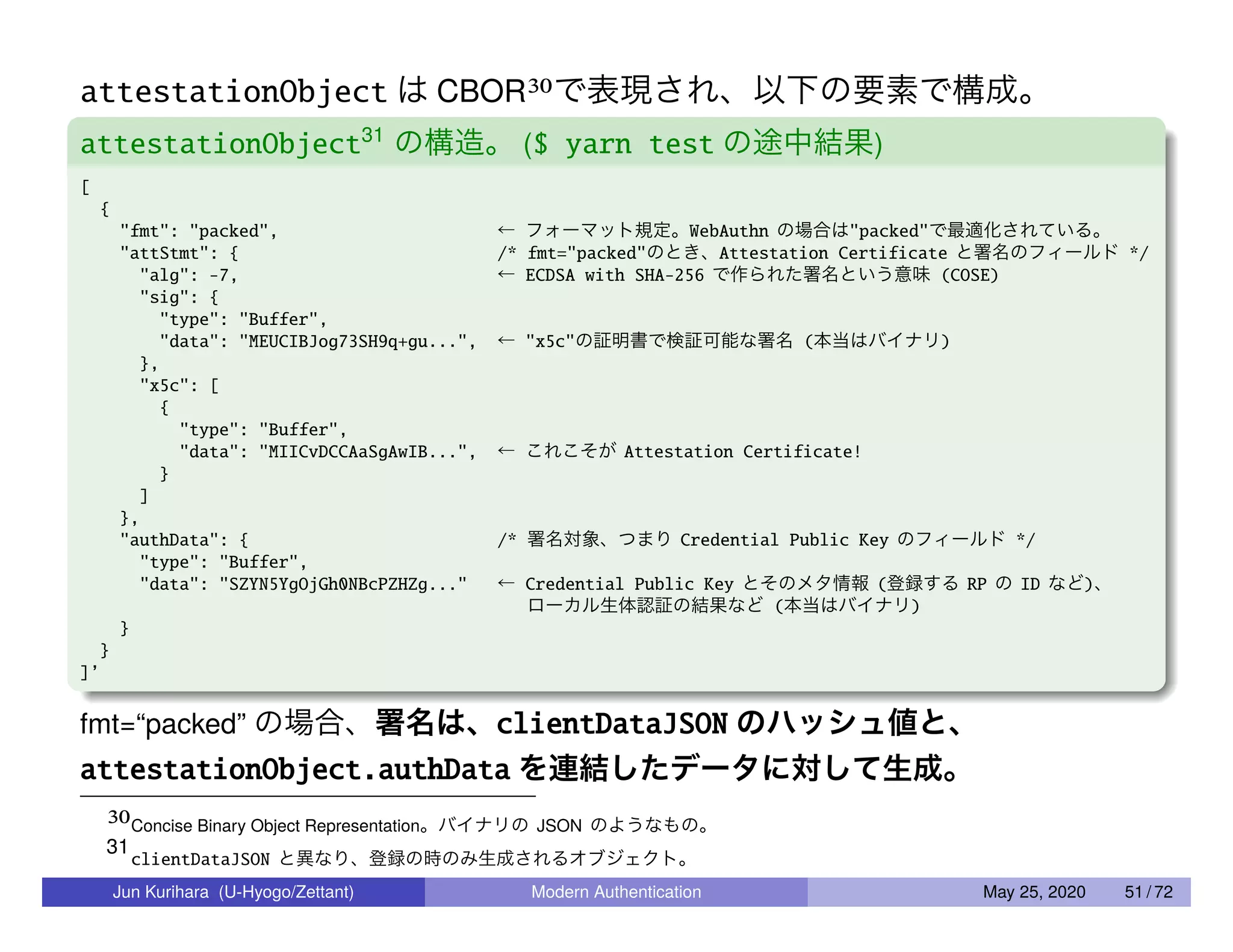 attestationObject は CBOR30で表現され、以下の要素で構成。 attestationObject31 の構造。 ($ yarn test の途中結果) [ { "fmt": "packed", ← フォーマット規定。WebAuthn の場合は"packed"で最適化されている。 "attStmt": { /* fmt="packed"のとき、Attestation Certificate と署名のフィールド */ "alg": -7, ← ECDSA with SHA-256 で作られた署名という意味 (COSE) "sig": { "type": "Buffer", "data": "MEUCIBJog73SH9q+gu...", ← "x5c"の証明書で検証可能な署名 (本当はバイナリ) }, "x5c": [ { "type": "Buffer", "data": "MIICvDCCAaSgAwIB...", ← これこそが Attestation Certificate! } ] }, "authData": { /* 署名対象、つまり Credential Public Key のフィールド */ "type": "Buffer", "data": "SZYN5YgOjGh0NBcPZHZg..." ← Credential Public Key とそのメタ情報 (登録する RP の ID など)、 ローカル生体認証の結果など (本当はバイナリ) } } ]’ fmt=“packed” の場合、署名は、clientDataJSON のハッシュ値と、 attestationObject.authData を連結したデータに対して生成。 30Concise Binary Object Representation。バイナリの JSON のようなもの。 31 clientDataJSON と異なり、登録の時のみ生成されるオブジェクト。 Jun Kurihara (U-Hyogo/Zettant) Modern Authentication May 25, 2020 51 / 72 