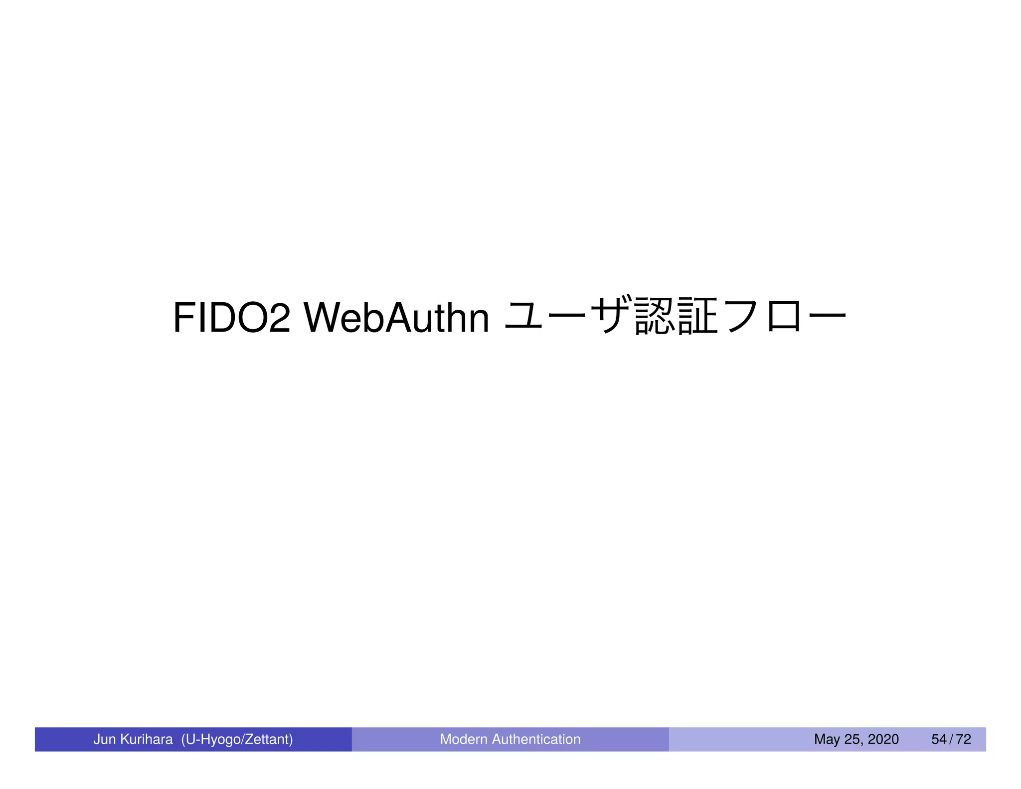 FIDO2 WebAuthn ユーザ認証フロー Jun Kurihara (U-Hyogo/Zettant) Modern Authentication May 25, 2020 54 / 72 