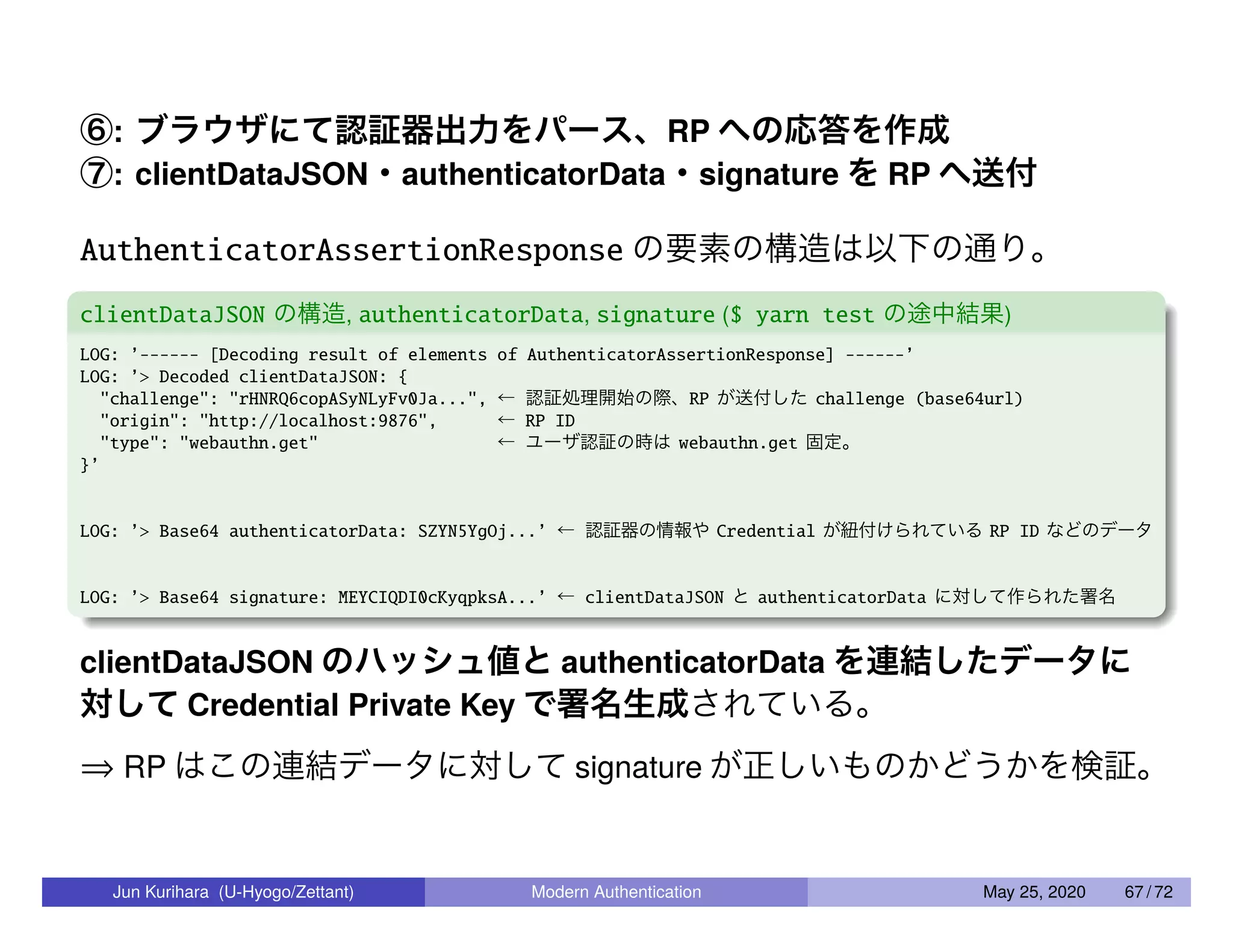 ⑥: ブラウザにて認証器出力をパース、RP への応答を作成 ⑦: clientDataJSON・authenticatorData・signature を RP へ送付 AuthenticatorAssertionResponse の要素の構造は以下の通り。 clientDataJSON の構造, authenticatorData, signature ($ yarn test の途中結果) LOG: ’------ [Decoding result of elements of AuthenticatorAssertionResponse] ------’ LOG: ’> Decoded clientDataJSON: { "challenge": "rHNRQ6copASyNLyFv0Ja...", ← 認証処理開始の際、RP が送付した challenge (base64url) "origin": "http://localhost:9876", ← RP ID "type": "webauthn.get" ← ユーザ認証の時は webauthn.get 固定。 }’ LOG: ’> Base64 authenticatorData: SZYN5YgOj...’ ← 認証器の情報や Credential が紐付けられている RP ID などのデータ LOG: ’> Base64 signature: MEYCIQDI0cKyqpksA...’ ← clientDataJSON と authenticatorData に対して作られた署名 clientDataJSON のハッシュ値と authenticatorData を連結したデータに 対して Credential Private Key で署名生成されている。 ⇒ RP はこの連結データに対して signature が正しいものかどうかを検証。 Jun Kurihara (U-Hyogo/Zettant) Modern Authentication May 25, 2020 67 / 72 