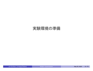 実験環境の準備
Jun Kurihara (U-Hyogo/Zettant) Modern Authentication May 25, 2020 21 / 72
 