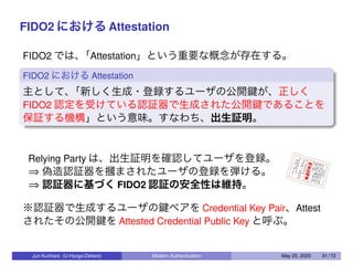 FIDO2 における Attestation
FIDO2 では、「Attestation」という重要な概念が存在する。
FIDO2 における Attestation
主として、「新しく生成・登録するユーザの公開鍵が、正しく
FIDO2 認定を受けている認証器で生成された公開鍵であることを
保証する機構」という意味。すなわち、出生証明。
Relying Party は、出生証明を確認してユーザを登録。
⇒ 偽造認証器を摑まされたユーザの登録を弾ける。
⇒ 認証器に基づく FIDO2 認証の安全性は維持。
※認証器で生成するユーザの鍵ペアを Credential Key Pair、Attest
されたその公開鍵を Attested Credential Public Key と呼ぶ。
Jun Kurihara (U-Hyogo/Zettant) Modern Authentication May 25, 2020 31 / 72
 