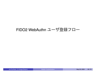 FIDO2 WebAuthn ユーザ登録フロー
Jun Kurihara (U-Hyogo/Zettant) Modern Authentication May 25, 2020 36 / 72
 
