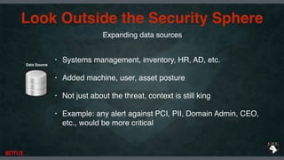 Data Source
Expanding data sources
• Systems management, inventory, HR, AD, etc.
• Added machine, user, asset posture
• Not just about the threat, context is still king
• Example: any alert against PCI, PII, Domain Admin, CEO,
etc., would be more critical
Look Outside the Security Sphere
 
