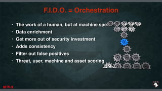 F.I.D.O. = Orchestration
• The work of a human, but at machine speed
• Data enrichment
• Get more out of security investment
• Adds consistency
• Filter out false positives
• Threat, user, machine and asset scoring
 