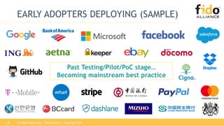All Rights Reserved | FIDO Alliance | Copyright 201818
EARLY ADOPTERS DEPLOYING (SAMPLE)
Past Testing/Pilot/PoC stage…
Becoming mainstream best practice
 