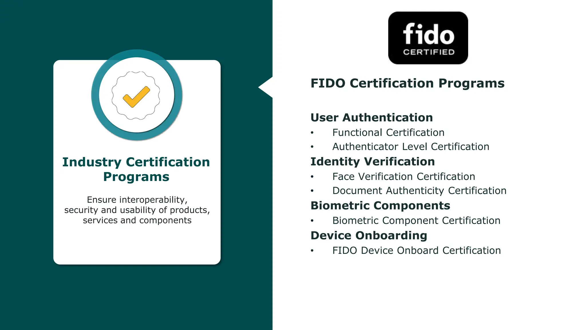 © FIDO Alliance 2024
13
Industry Certification
Programs
Ensure interoperability,
security and usability of products,
services and components
FIDO Certification Programs
User Authentication
• Functional Certification
• Authenticator Level Certification
Identity Verification
• Face Verification Certification
• Document Authenticity Certification
Biometric Components
• Biometric Component Certification
Device Onboarding
• FIDO Device Onboard Certification
 
