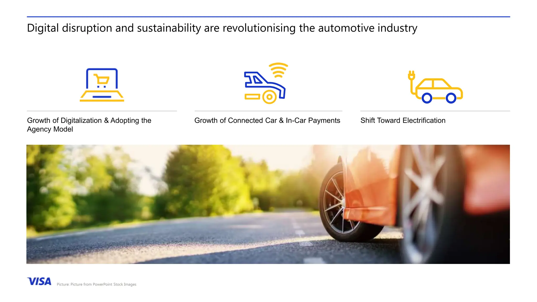 Growth of Connected Car & In-Car Payments
Growth of Digitalization & Adopting the
Agency Model
Shift Toward Electrification
Digital disruption and sustainability are revolutionising the automotive industry
Picture: Picture from PowerPoint Stock Images
 