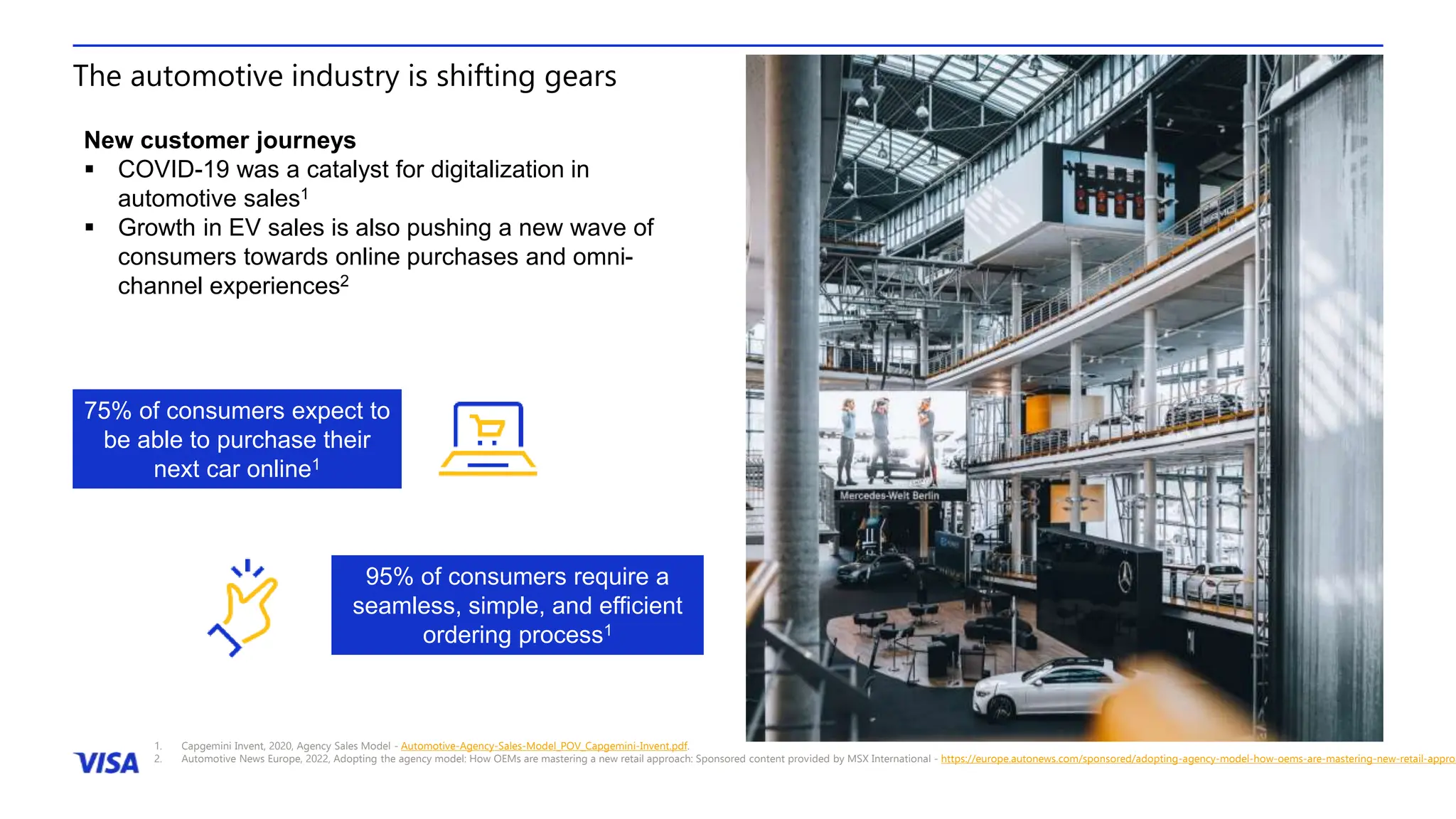 The automotive industry is shifting gears
1. Capgemini Invent, 2020, Agency Sales Model - Automotive-Agency-Sales-Model_POV_Capgemini-Invent.pdf.
2. Automotive News Europe, 2022, Adopting the agency model: How OEMs are mastering a new retail approach: Sponsored content provided by MSX International - https://europe.autonews.com/sponsored/adopting-agency-model-how-oems-are-mastering-new-retail-approa
75% of consumers expect to
be able to purchase their
next car online1
95% of consumers require a
seamless, simple, and efficient
ordering process1
New customer journeys
 COVID-19 was a catalyst for digitalization in
automotive sales1
 Growth in EV sales is also pushing a new wave of
consumers towards online purchases and omni-
channel experiences2
 