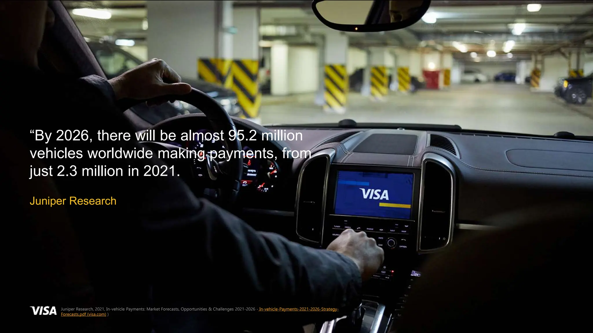 ©2023 Visa. All rights reserved. Visa Confidential
“By 2026, there will be almost 95.2 million
vehicles worldwide making payments, from
just 2.3 million in 2021.
Juniper Research
Juniper Research, 2021, In-vehicle Payments: Market Forecasts, Opportunities & Challenges 2021-2026 - In-vehicle-Payments-2021-2026-Strategy-
Forecasts.pdf (visa.com) )
 