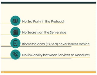 28
No 3rd Party in the Protocol
No Secrets on the Server side
Biometric data (if used) never leaves device
No link-ability between Services or Accounts
 