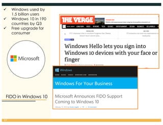 FIDO in Windows 10
37
ü Windows used by
1.5 billion users
ü Windows 10 in 190
countries by Q3
ü Free upgrade for
consumer
 