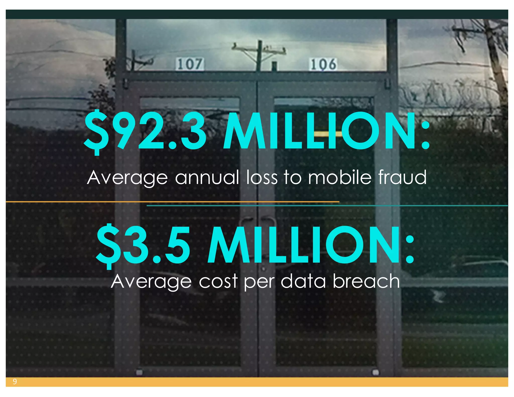 Average cost per data breach
$3.5 MILLION:
9
$92.3 MILLION:
Average annual loss to mobile fraud
 