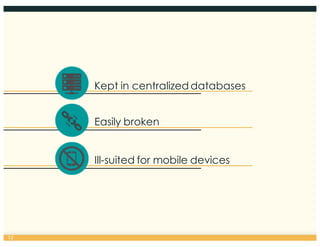 Ill-suited for mobile devices
Kept in centralized databases
Easily broken
12
 