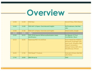Overview
2
14:00 14:30 FIDO  Now Donal  O'Shea,  FIDO  Alliance  
14:30 15:00 FIDO  UAF  1.0  Specs:  Overview  and  Insights Rolf  Lindemann,  Nok  Nok  
Labs
15:00 15:30 FIDO  U2F  1.0  Specs:  Overview  and  Insights Alexei  Czeskis,  Google
15:30 15:45 Coffee
15:45 16:15 FIDO,  PKI  &  beyond:  Where  authentication  meets  
identification
Kim  Nguyen,  D-­‐Trust
Cord  Bartels, CBcon
16:15 16:45 Deploying  FIDO:  Ins  and  Outs Panel:  Moderator  Matthias  
Reinwarth,  Kuppinger Cole;  
Kevin  Lynch,  Synaptics;  Bob  
Stewart,  Sonavation;  
Michael  Poitner,  NXP;  Chris  
Woodthorpe,  Infineon
16:45 17:45 FIDO  Ready™  Products Entersekt-­‐Infineon-­‐Nok Nok
Labs-­‐Yubico
17:45 18:00 Q&A  Wrap  Up FIDO
 