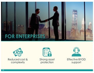 FOR ENTERPRISES
Reduced cost &
complexity
Strong asset
protection
Effective BYOD
support
29
 