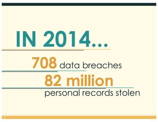 708 data breaches
IN 2014...
82 million
personal records stolen
8
 