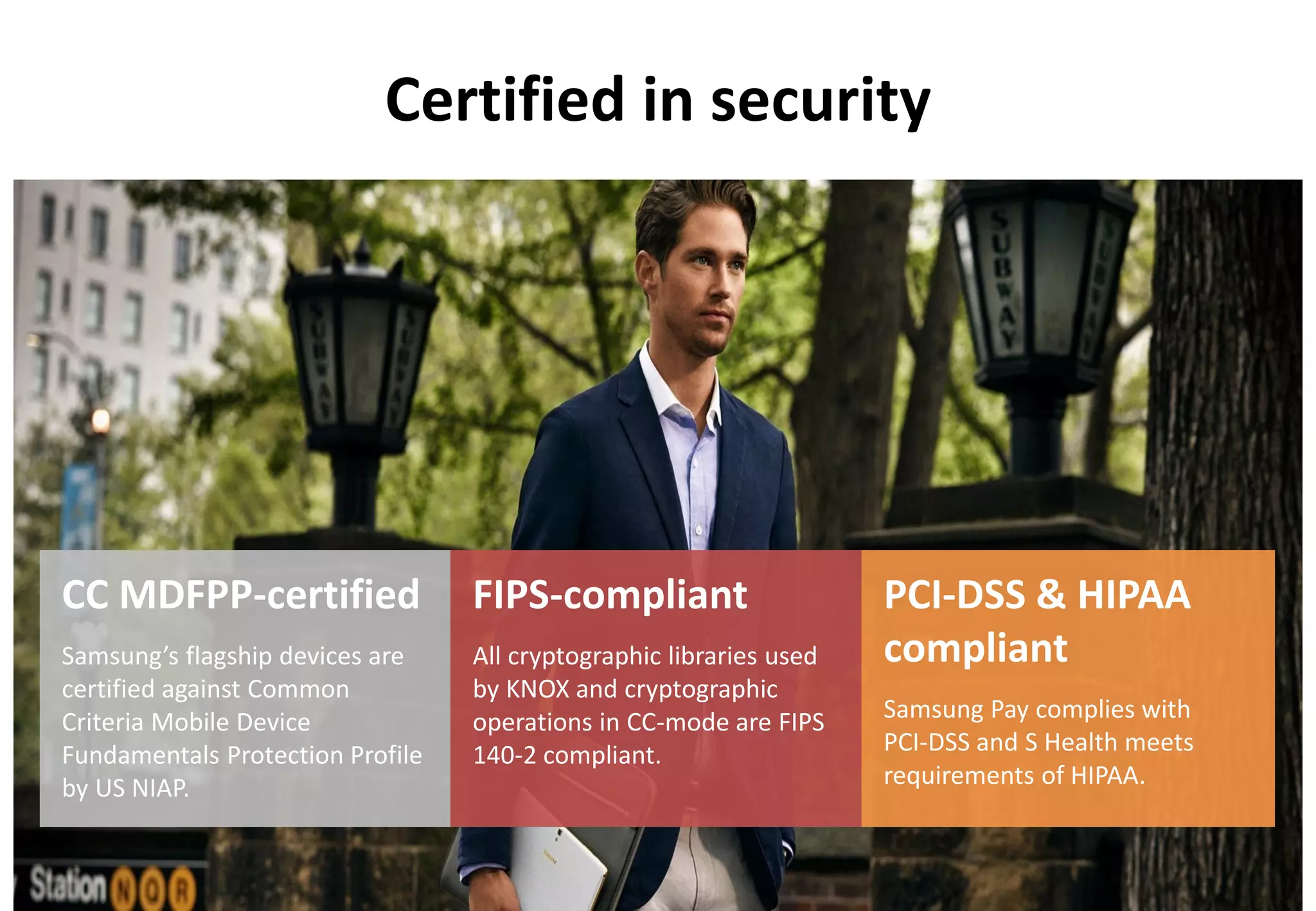 Copyright ⓒ 2017 Samsung. All rights reserved
Certified in security
CC MDFPP-certified
Samsung’s flagship devices are
certified against Common
Criteria Mobile Device
Fundamentals Protection Profile
by US NIAP.
PCI-DSS & HIPAA
compliant
Samsung Pay complies with
PCI-DSS and S Health meets
requirements of HIPAA.
FIPS-compliant
All cryptographic libraries used
by KNOX and cryptographic
operations in CC-mode are FIPS
140-2 compliant.
 