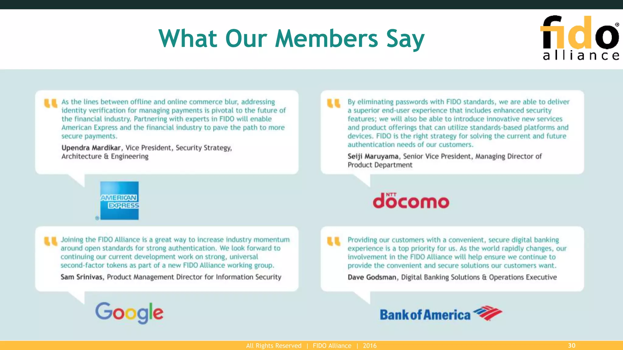 All Rights Reserved | FIDO Alliance | 2016 30
What Our Members Say
 