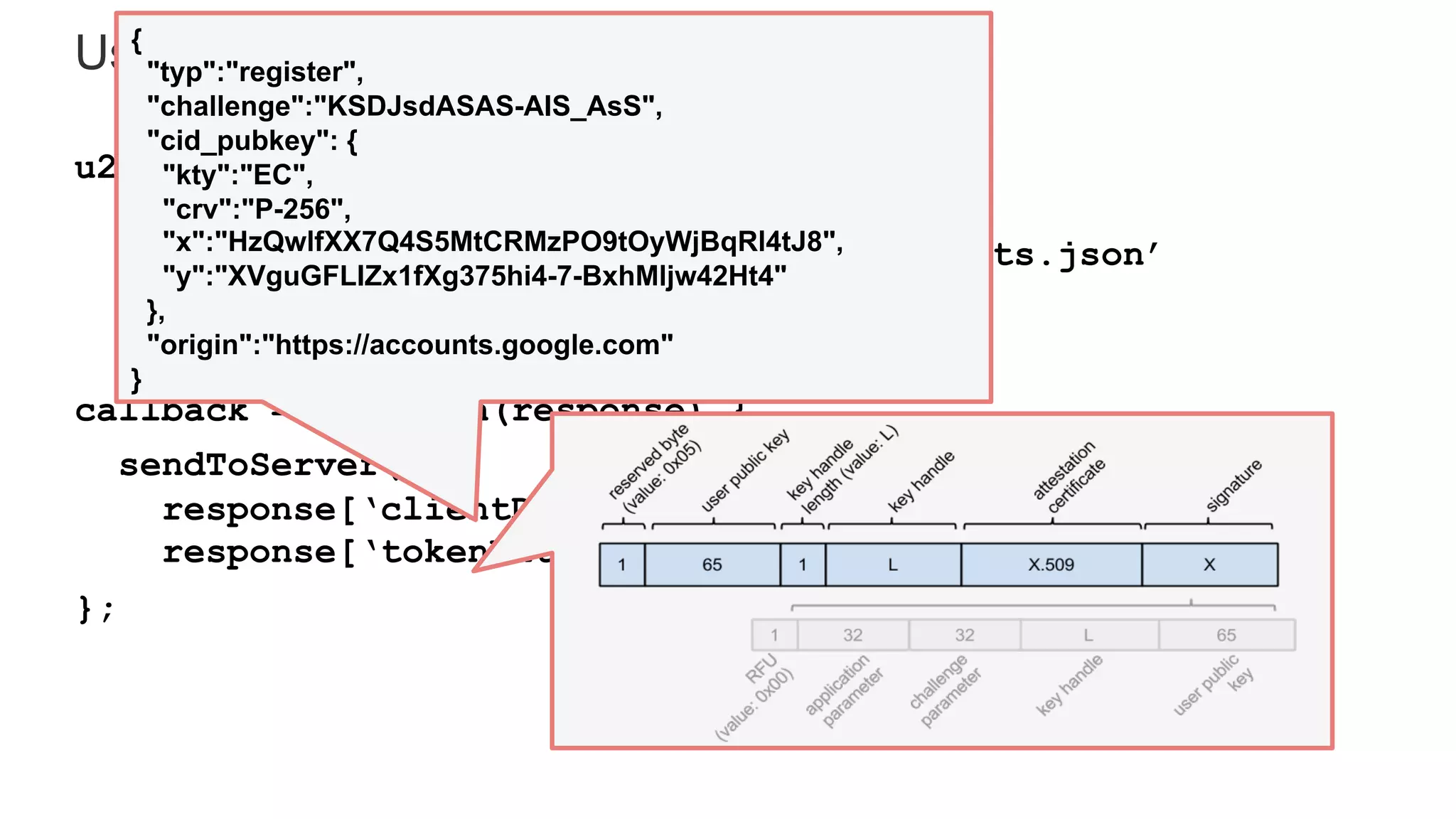 u2f..handleRegistrationRequest({
‘challenge’: ‘KSDJsdASAS-AIS_AsS’,
‘app_id’: ‘https://www.google.com/facets.json’
}, callback);
callback = function(response) {
sendToServer(
response[‘clientData’],
response[‘tokenData’]);
};
User Presence API{
"typ":"register",
"challenge":"KSDJsdASAS-AIS_AsS",
"cid_pubkey": {
"kty":"EC",
"crv":"P-256",
"x":"HzQwlfXX7Q4S5MtCRMzPO9tOyWjBqRl4tJ8",
"y":"XVguGFLIZx1fXg375hi4-7-BxhMljw42Ht4"
},
"origin":"https://accounts.google.com"
}
 