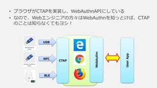 • ブラウザがCTAPを実装し、WebAuthnAPIにしている
• なので、Webエンジニアの方々はWebAuthnを知っとけば、CTAP
のことは知らなくてもヨシ！
CTAP
USB
NFC
BLE
WebAuthn
UserApp
 