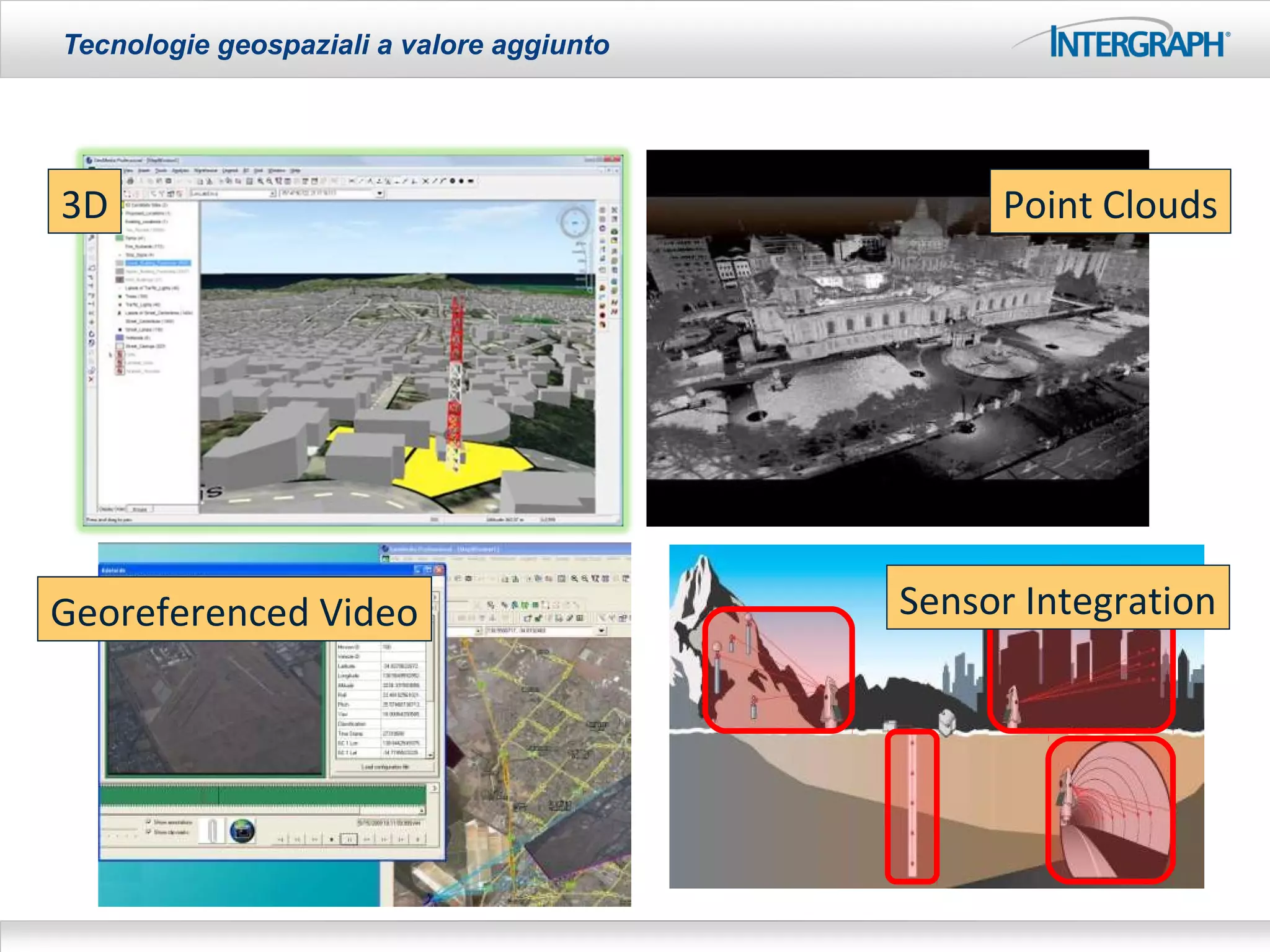 Tecnologie geospaziali a valore aggiunto




3D                                              Point Clouds




Georeferenced Video                        Sensor Integration
 
