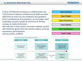 Le dimensioni della Smart City



Si deve al Politecnico di Vienna in collaborazione con
l’Università di Lubiana e il Politecnico di Delft una delle
definizioni di smart city che sembrano aver guidato il
primo cambiamento di prospettiva: sei assi lungo i quali
è possibile valutare il grado di smartness di 70 città
europee di medie dimensioni.
Non solo dati e informazioni, ma anche mobilità, qualità
dell’ambiente, governance del sistema urbano, contesto
economico, partecipazione
alla vita sociale, vivibilità.




                                                              3
 