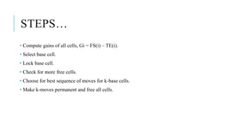 STEPS…
• Compute gains of all cells, Gi = FS(i) – TE(i).
• Select base cell.
• Lock base cell.
• Check for more free cells.
• Choose for best sequence of moves for k-base cells.
• Make k-moves permanent and free all cells.
 