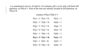 c is contained in net n1, n2 and n3. n3 contains cell c as its only cell from left
partition, so FS(c)=1. Non of the nets are entirely located in left partition, so
TE(c)=0.
Gain(c)=FS(c)-TS(C)=1
F(c) = 1 T(c) = 0; G(c) = 1
F(d) = 1 T(d) = 0; G(d) = 1
F(g) = 2 T(c) = 0; G(g) = 2
F(a) = 0 T(a) = 0; G(a) = 0
F(b) = 1 T(b) = 0; G(b) = 1
F(e) = 2 T(e) = 0; G(e) = 2
F(f) = 1 T(f) = 0; G(f) = 1
F(h) = 0 T(h) = 0; G(h) = 0
 