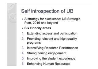 Self introspection of UB
   A strategy for excellence: UB Strategic
    Plan, 2016 and beyond
   Six Priority areas
1. Extending access and participation
2. Providing relevant and high quality
   programs
3. Intensifying Research Performance
4. Strengthening engagement
5. Improving the student experience
6. Enhancing Human Resources
 