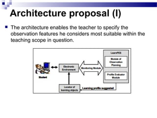 Architecture proposal (I)
 The architecture enables the teacher to specify the
observation features he considers most suitable within the
teaching scope in question.
 