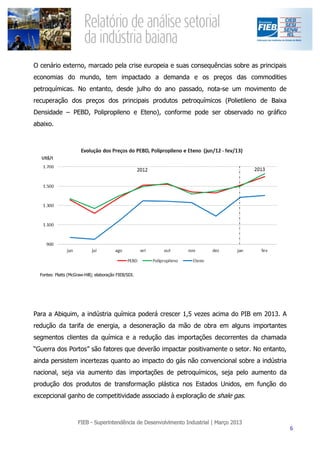 O cenário externo, marcado pela crise europeia e suas consequências sobre as principais
economias do mundo, tem impactado a demanda e os preços das commodities
petroquímicas. No entanto, desde julho do ano passado, nota-se um movimento de
recuperação dos preços dos principais produtos petroquímicos (Polietileno de Baixa
Densidade – PEBD, Polipropileno e Eteno), conforme pode ser observado no gráfico
abaixo.




  Fontes: Platts (McGraw-Hill); elaboração FIEB/SDI.




Para a Abiquim, a indústria química poderá crescer 1,5 vezes acima do PIB em 2013. A
redução da tarifa de energia, a desoneração da mão de obra em alguns importantes
segmentos clientes da química e a redução das importações decorrentes da chamada
“Guerra dos Portos” são fatores que deverão impactar positivamente o setor. No entanto,
ainda persistem incertezas quanto ao impacto do gás não convencional sobre a indústria
nacional, seja via aumento das importações de petroquímicos, seja pelo aumento da
produção dos produtos de transformação plástica nos Estados Unidos, em função do
excepcional ganho de competitividade associado à exploração de shale gas.
 