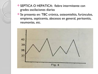  SEPTICA O HEPATICA: fiebre intermitente con
grades oscilaciones diarias
 Se presenta en: TBC crónica, osteomielitis, furúnculos,
empiema, septicemia, abscesos en general, peritonitis,
neumonías, etc.
 