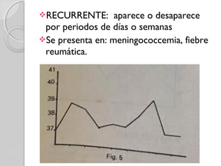 RECURRENTE: aparece o desaparece
por periodos de días o semanas
Se presenta en: meningococcemia, fiebre
reumática.
 