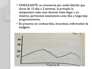  ONDULANTE: se caracteriza por ondas febriles que
duran de 15 días a 3 semanas, al principio la
temperatura sube unas decimas hasta llegar a un
máximo, permanece estacionaria unos días y luego baja
progresivamente.
 Se presenta en: endocarditis, brucelosis, enfermedad de
hodgkim.
 