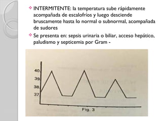  INTERMITENTE: la temperatura sube rápidamente
acompañada de escalofríos y luego desciende
bruscamente hasta lo normal o subnormal, acompañada
de sudores
 Se presenta en: sepsis urinaria o biliar, acceso hepático,
paludismo y septicemia por Gram -
 