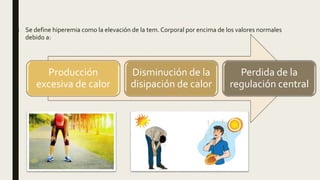 ■ Se define hiperemia como la elevación de la tem. Corporal por encima de los valores normales
debido a:
Producción
excesiva de calor
Disminución de la
disipación de calor
Perdida de la
regulación central
 