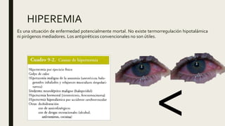 HIPEREMIA
Es una situación de enfermedad potencialmente mortal. No existe termorregulación hipotalámica
ni pirógenos mediadores. Los antipiréticos convencionales no son útiles.
 