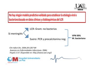 LCR: Gram: no bacterias 
Si meningi]s 
                                                           VPN 99% 
                       Suero: PCR y procalcitonina neg.    M. bacteriana  



Clin Infect Dis. 2004;39:1267‐84 
 Avances en Enfermedades Infecciosas. 2006; 
7Supl1:1‐57. Disponible en: hMp://www.saei.org/) 
 