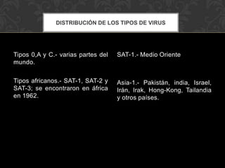 DISTRIBUCIÓN DE LOS TIPOS DE VIRUS




Tipos 0,A y C.- varias partes del   SAT-1.- Medio Oriente
mundo.

Tipos africanos.- SAT-1, SAT-2 y    Asia-1.- Pakistán, india, Israel,
SAT-3; se encontraron en áfrica     Irán, Irak, Hong-Kong, Tailandia
en 1962.                            y otros países.
 