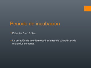 Periodo de incubación
 Entre los 3 – 15 días.

 La duración de la enfermedad en caso de curación es de
  una a dos semanas.
 