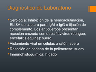 Diagnóstico de Laboratorio

 Serología: Inhibición de la hemoaglutinación,
  ELISA de captura para IgM e IgG o fijación de
  complemento. Los anticuerpos presentan
  reacción cruzada con otros flavivirus (dengue,
  encefalitis equina): suero
 Aislamiento viral en células o ratón: suero
 Reacción en cadena de la polimerasa: suero
 Inmunohistoquímica: hígado
 