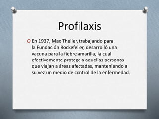 Profilaxis 
O En 1937, Max Theiler, trabajando para 
la Fundación Rockefeller, desarrolló una 
vacuna para la fiebre amarilla, la cual 
efectivamente protege a aquellas personas 
que viajan a áreas afectadas, manteniendo a 
su vez un medio de control de la enfermedad. 
 