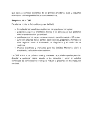 que algunos animales diferentes de los primates (roedores, aves y pequeños                     
mamíferos) también pueden actuar como reservorios. 
Respuesta de la OMS 
Para luchar contra la fiebre chikungunya, la OMS: 
● formula planes basados en evidencias para gestionar los brotes; 
● proporciona apoyo y orientación técnica a los países para que gestiones                     
eficazmente los casos y los brotes; 
● presta apoyo a los países para que mejoren sus sistemas de notificación; 
● junto con algunos de sus centros colaboradores, proporciona formación a                   
nivel regional sobre el tratamiento, el diagnóstico y el control de los                       
vectores; 
● Publica directrices y manuales para los Estados Miembros sobre el                   
tratamiento y el control de los vectores. 
La OMS anima a los países a crear y mantener capacidades que les permitan                           
detectar y confirmar casos, atender a los pacientes y poner en práctica                       
estrategias de comunicación social para reducir la presencia de los mosquitos                     
vectores. 
 
 