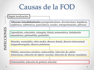 Causas de la FOD
INFECCIONES
Según localización:
Abscesos intraabdominales: periapendiculares, diverticulares, hepáticos,
esplénicos, subfrénicos, pancreáticos, renales, retroperitoneales, pélvicos.
Apendicitis, colecistitis, colangitis, fístula aortoentérica, linfadenitis
mesentérica, pielonefritis, prostatitis.
Sinusitis, mastoiditis, otitis media, absceso dental, absceso intracraneal,
traqueobronquitis, absceso pulmonar.
Flebitis, aneurisma micótico, endocarditis, infección de catéter
intravenoso, infección de injerto vascular, infección de úlceras vasculares.
Osteomielitis, infección de prótesis articular.
 