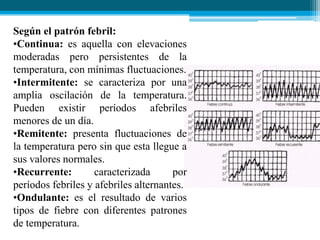 Según el patrón febril:
•Continua: es aquella con elevaciones
moderadas pero persistentes de la
temperatura, con mínimas fluctuaciones.
•Intermitente: se caracteriza por una
amplia oscilación de la temperatura.
Pueden existir períodos afebriles
menores de un día.
•Remitente: presenta fluctuaciones de
la temperatura pero sin que esta llegue a
sus valores normales.
•Recurrente:
caracterizada
por
períodos febriles y afebriles alternantes.
•Ondulante: es el resultado de varios
tipos de fiebre con diferentes patrones
de temperatura.

 