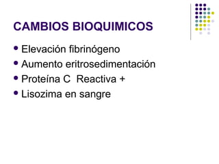 CAMBIOS BIOQUIMICOS
Elevación fibrinógeno
Aumento eritrosedimentación
Proteína C Reactiva +
Lisozima en sangre
 