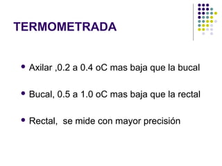 TERMOMETRADA
 Axilar ,0.2 a 0.4 oC mas baja que la bucal
 Bucal, 0.5 a 1.0 oC mas baja que la rectal
 Rectal, se mide con mayor precisión
 