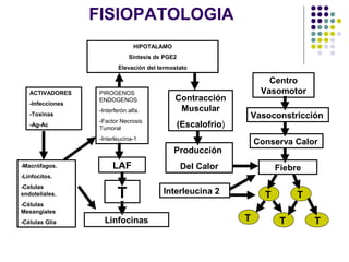 FISIOPATOLOGIA
HIPOTALAMO
Síntesis de PGE2
Elevación del termostato
ACTIVADORES
-Infecciones
-Toxinas
-Ag-Ac
PIROGENOS
ENDOGENOS
-Interferón alfa.
-Factor Necrosis
Tumoral
-Interleucina-1
Contracción
Muscular
(Escalofrio)
Centro
Vasomotor
Vasoconstricción
Conserva Calor
Fiebre-Macrófagos.
-Linfocitos.
-Celulas
endoteliales.
-Células
Mesangiales
-Células Glia
LAF
T
Linfocinas
Producción
Del Calor
Interleucina 2 T T
T T T
 