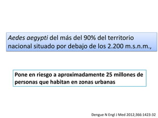 Aedes aegypti del más del 90% del territorio
nacional situado por debajo de los 2.200 m.s.n.m.,
Pone en riesgo a aproximadamente 25 millones de
personas que habitan en zonas urbanas
Dengue N Engl J Med 2012;366:1423-32
 